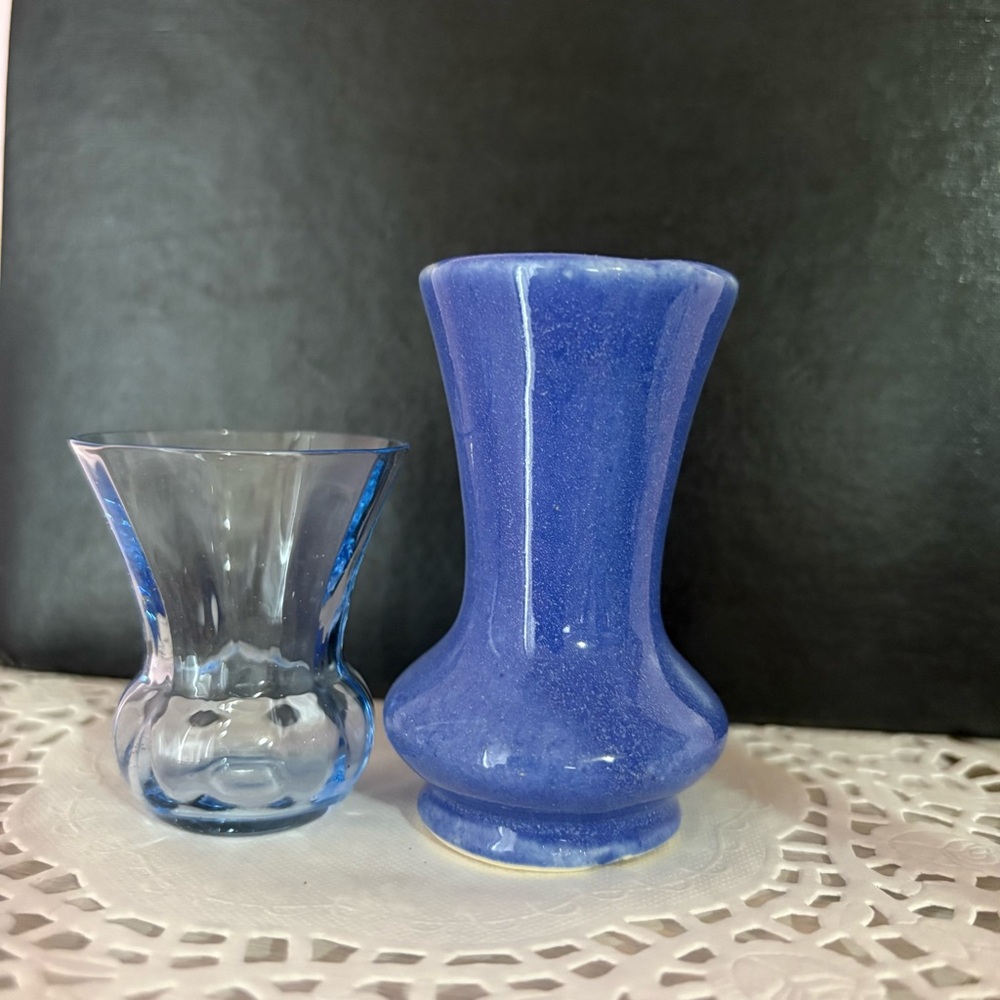 Vtg Blue Mini Bud Vases 2” 3” Set Of Two